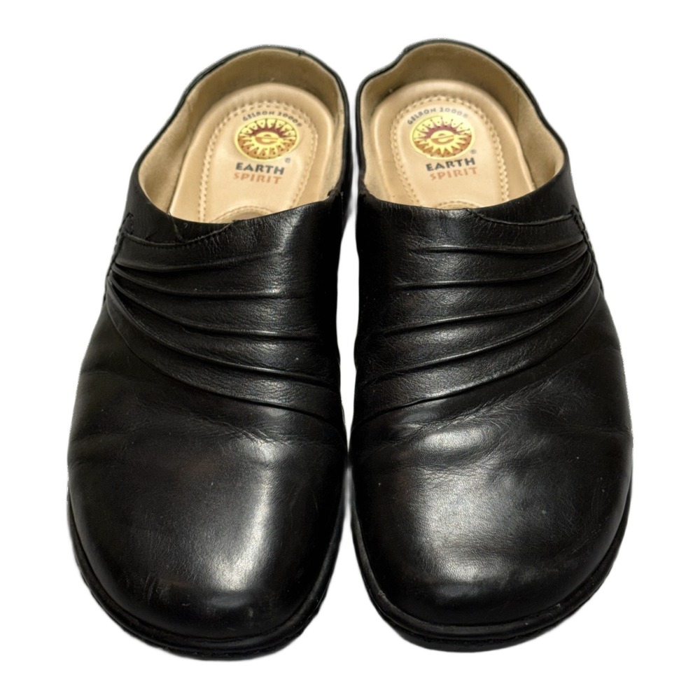 Earth Spirit Ellie Black Leather Ruched Clogs Mules Size 11 - Picture 2 of 9